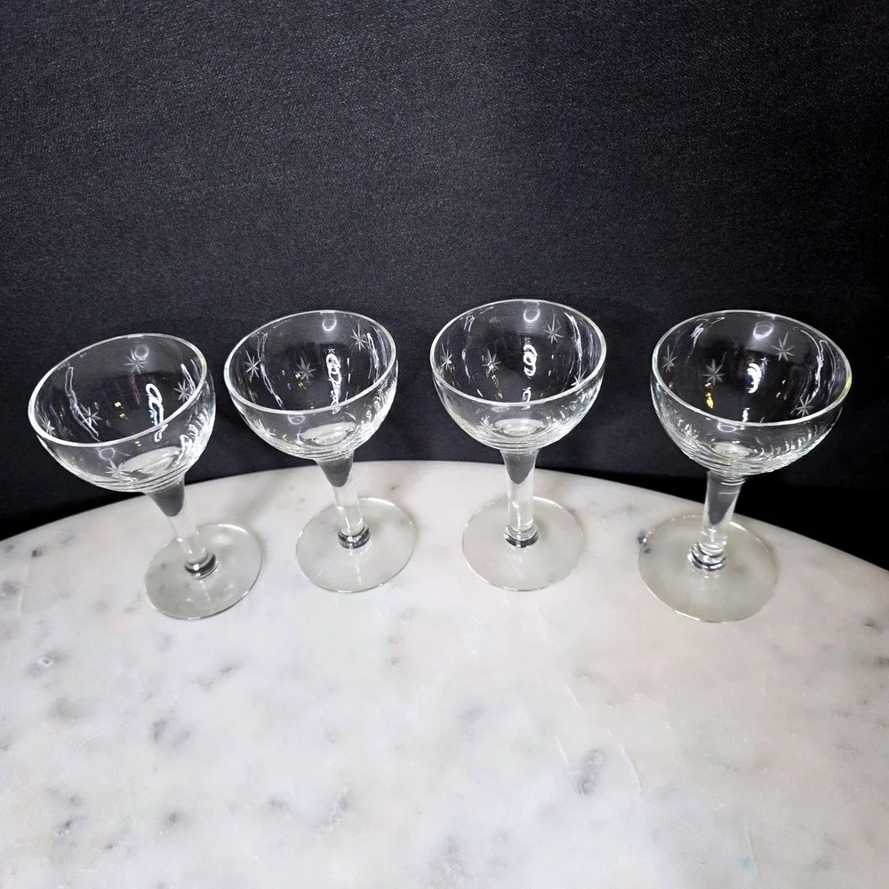 Vtg MCM Atomic Starburst Etched Cordial Liqueur Glasses Set 4 Mid Century